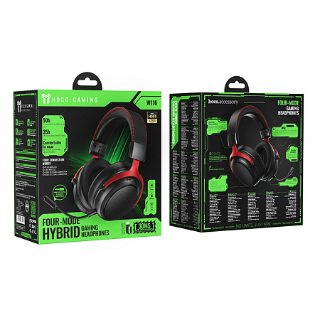 Проводные наушники W116, HOCO, подключение: беспроводное(2,4гГц/BT) проводное(USB-A/USB-C), игровые с микрофоном, черный
