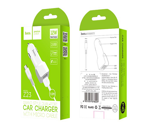 Автомобильное зарядное устройство, 2 USB 2.4A (Z23), usb cable micro, HOCO, белый