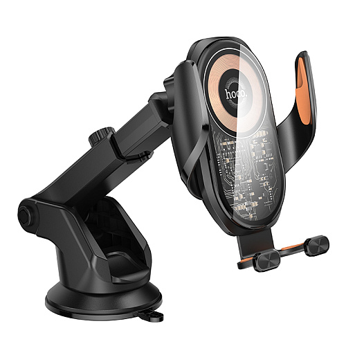 Держатель автомобильный на стекло/торпеду выдвижной c беспроводной зарядкой, HW34, HOCO, металлический серый Держатель автомобильный на стекло/торпеду выдвижной c беспроводной зарядкой, HW34, HOCO, металлический серый