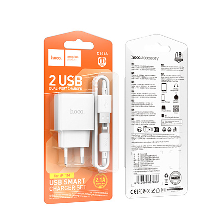 Сетевое зарядное устройство, 2 USB 2.1A (C141A), HOCO, Lightning, белый