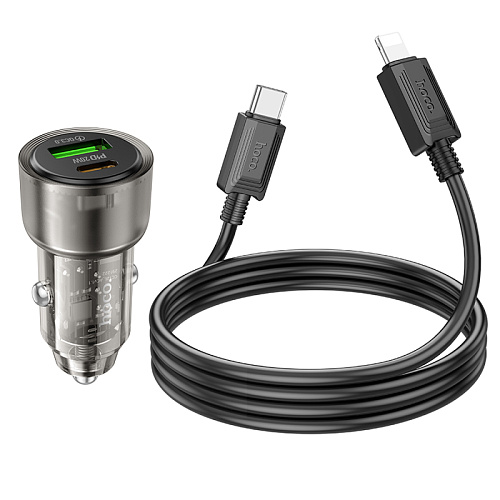 Автомобильное зарядное устройство, 1 USB 18W, 1 PD 20W (Z52), HOCO, кабель Type-С to Lightning, черный