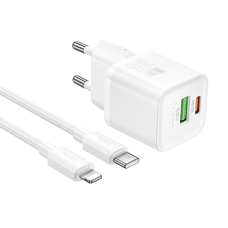 Сетевое зарядное устройство, 1 PD 20W + 1 USB 3.0 QC (N65), HOCO, Type-C to Lightning, белый
