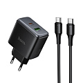 Сетевое зарядное устройство, 1 PD 45W + 1 USB 3.0 QC (C158A), HOCO, Type-C to Type-C, черный