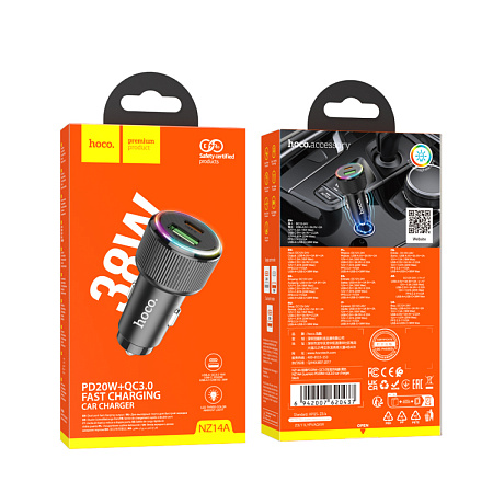 Автомобильное зарядное устройство, 1 USB QC3.0 18W, 1 PD 20W (NZ14A), HOCO, черный