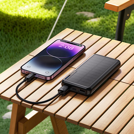 Универсальный Доп. Аккумулятор 10000mAh, J176, HOCO, выход: 2 USB (2A), с солнечной батареей, черный