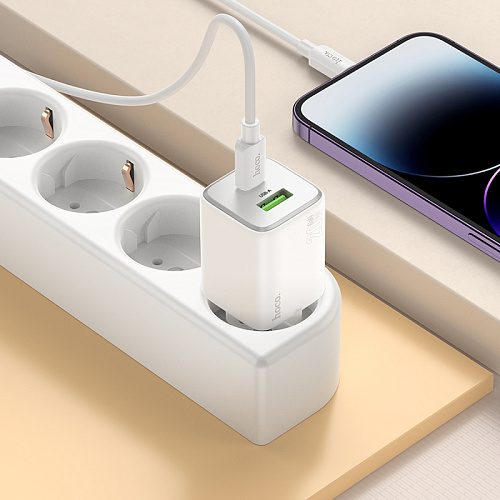 Сетевое зарядное устройство, 1 PD 20W + 1 USB 3.0 QC (N41), HOCO, Type-C to Lightning, белый