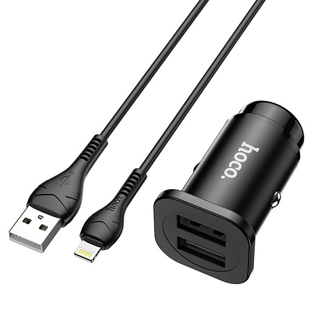 Автомобильное зарядное устройство, 2 USB 2.4A (NZ4), usb cable lightning, HOCO, черный