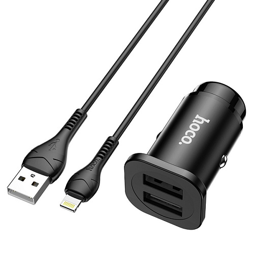 Автомобильное зарядное устройство, 2 USB 2.4A (NZ4), usb cable lightning, HOCO, черный