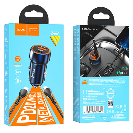 Автомобильное зарядное устройство, 1 USB QC3.0+1 PD 20W (Z46A), HOCO, кабель Type-С to Lightning, синий