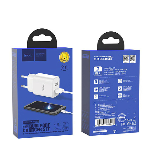 Сетевое зарядное устройство, 2 USB 2.1A (C62A), HOCO, Type-C, Умная зарядка, белый