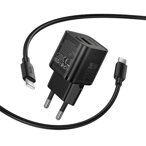 Сетевое зарядное устройство, 1 PD 20W + 1 USB 3.0 QC (N65), HOCO, Type-C to Type-C, черный