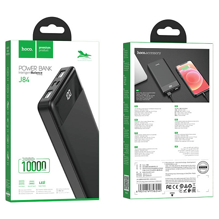 Универсальный Доп. Аккумулятор 10000mAh, J84, HOCO, выход 2 USB (5V/2A), вход Micro/Type-C, с дисплеем, черный