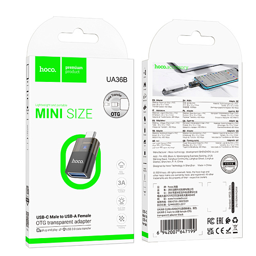 Переходник OTG Type-C, Type-C (папа) на USB (мама), UA36B, HOCO, черный