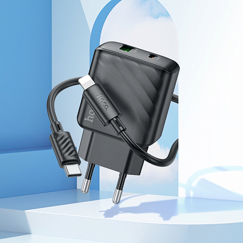 Сетевое зарядное устройство, 1 PD 30W + 1 USB 3.0 QC (CS23A), HOCO, Type-C to Lightning, черный