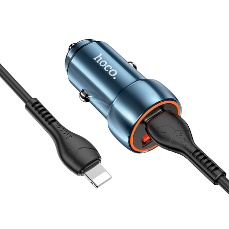 Автомобильное зарядное устройство, 1 USB QC3.0+1 PD 20W (Z46A), HOCO, кабель Type-С to Lightning, синий