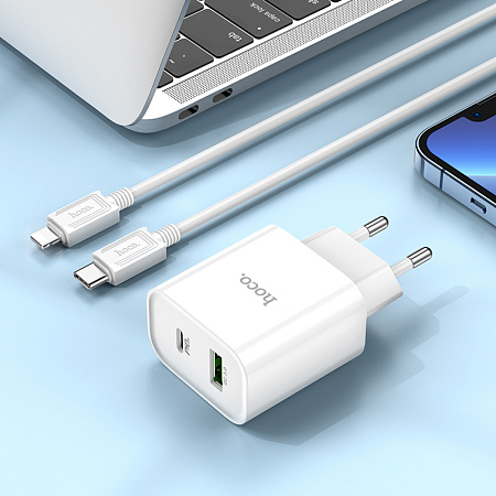 Сетевое зарядное устройство, 1 PD 20W + 1 USB 3.0 QC (C80A Plus), HOCO, Type-C to Lightning, белый