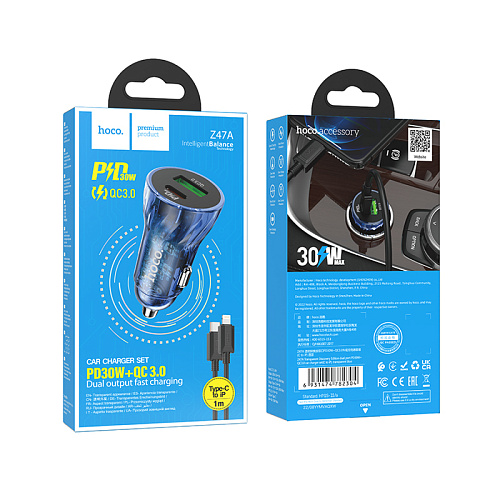 Автомобильное зарядное устройство, 1 USB QC3.0+1 PD 30W (Z47A), HOCO, кабель Type-C to Lightning, прозрачный с синим