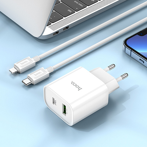 Сетевое зарядное устройство, 1 PD 20W + 1 USB 3.0 QC (C80A Plus), HOCO, Type-C to Lightning, белый