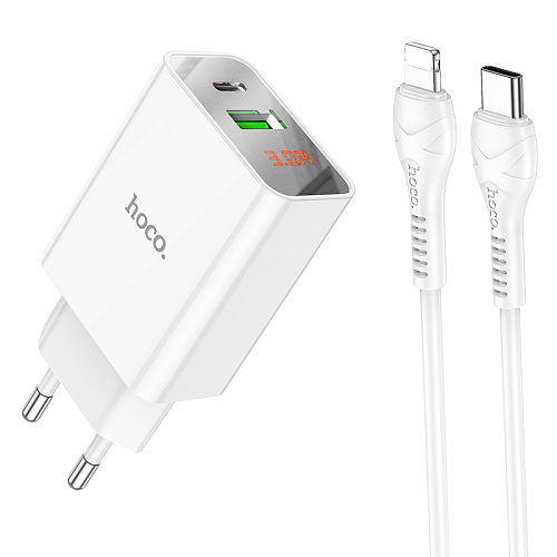 Сетевое зарядное устройство, 1 PD 20W + 1 USB 3.0 QC (C100A), HOCO, Type-C to Lightning, белый