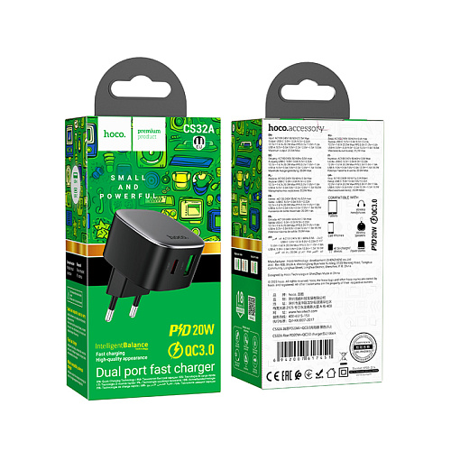 Сетевое зарядное устройство, 1 PD 20W + 1 USB 3.0 QC (CS32A), HOCO, черный