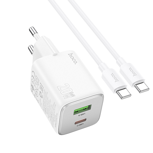 Сетевое зарядное устройство, 1 PD 20W + 1 USB 3.0 QC (N41), HOCO, Type-C to Type-C, белый