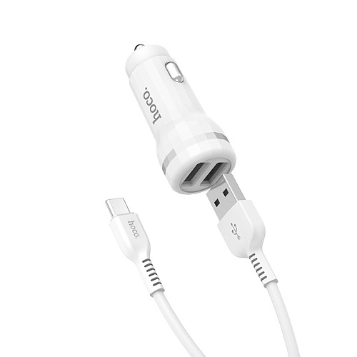 Автомобильное зарядное устройство, 2 USB 2.4A (Z27), usb cable Type-C, HOCO, белый