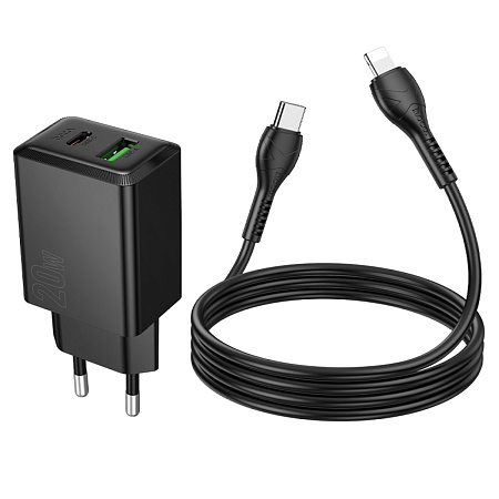 Сетевое зарядное устройство, 1 PD 20W + 1 USB 3.0 QC (N69), HOCO, Type-C to Lightning, черный