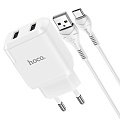 Сетевое зарядное устройство, 2 USB 2.1A 10.5W (N7), HOCO, Type-C, Умная зарядка, белый