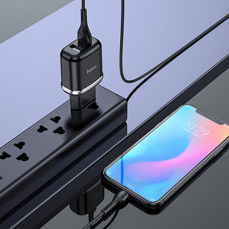 Сетевое зарядное устройство, 2 USB 2.4A 12W (N4), HOCO, Type-C, Умная зарядка, черный