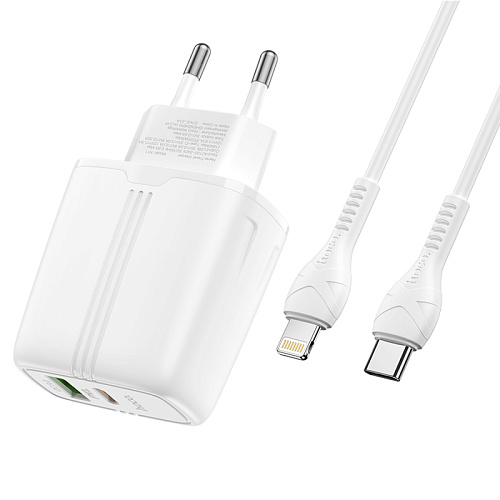 Сетевое зарядное устройство, 1 PD 20W + 1 USB 3.0 QC (N11), HOCO, Безопасный сертификат, Type-C to Lightning, белая
