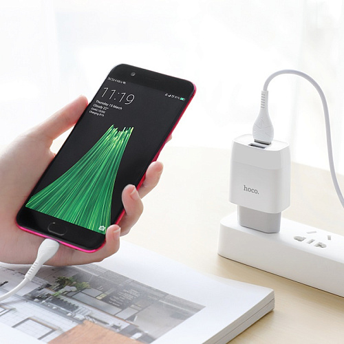 Сетевое зарядное устройство, 2 USB 2.4A (C73A), HOCO, Micro, белый