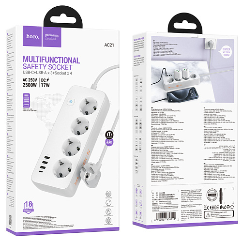 Сетевой фильтр на 4 розетки+3 USB+1 PD, 3 м, AC21, Sunlight, HOCO, белый