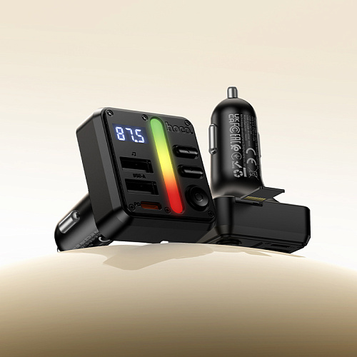 Bluetooth FM модулятор, E89, HOCO, 1 PD (30Вт)+1 USB 3A (15Вт)+1 USB 5V/0,5A (для USB накопителя), черный