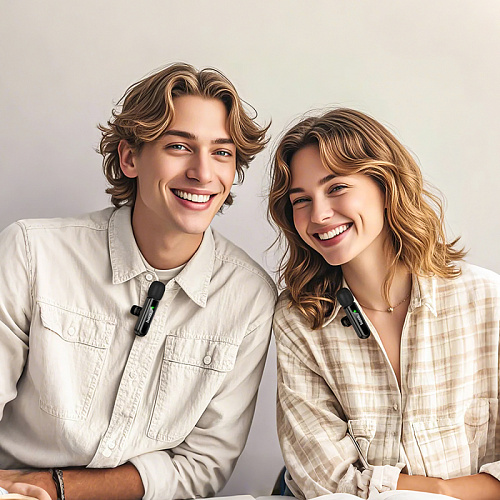 Беспроводной микрофон (2 шт) с приемником для Type-C и Lightning, L20A, HOCO, черный