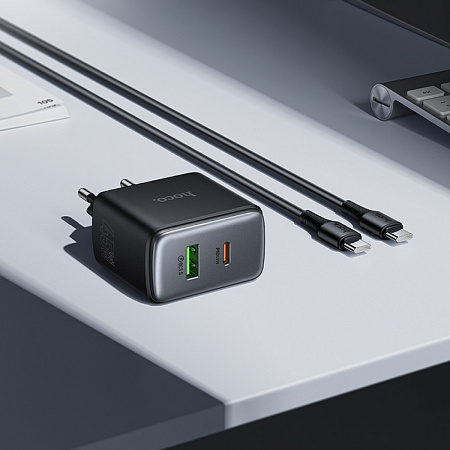 Сетевое зарядное устройство, 1 PD 45W + 1 USB 3.0 QC (C158A), HOCO, Type-C to Type-C, черный
