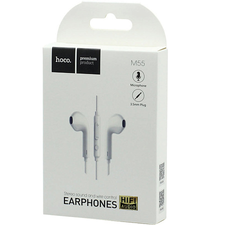 Проводные наушники M55  Memory sound wire control, HOCO, белые