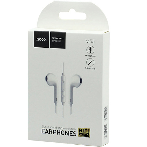 Проводные наушники M55  Memory sound wire control, HOCO, белые