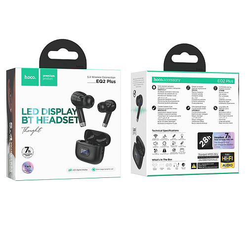 Беспроводные наушники EQ2 Plus, HOCO, вакуумные, с дисплеем, черный