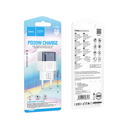 Сетевое зарядное устройство, 1 PD 20W (C125A), HOCO, прозрачный с синим
