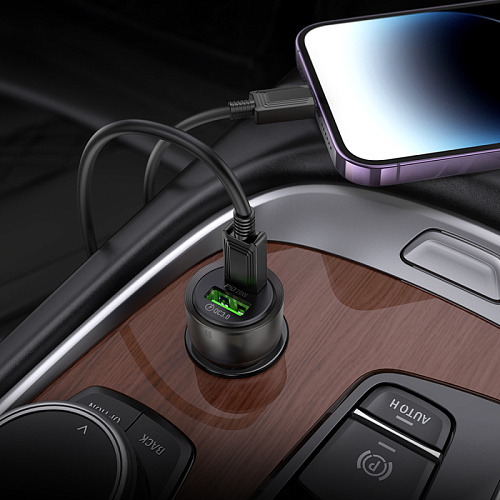 Автомобильное зарядное устройство, 1 USB 18W, 1 PD 20W (Z52), HOCO, кабель Type-С to Lightning, черный
