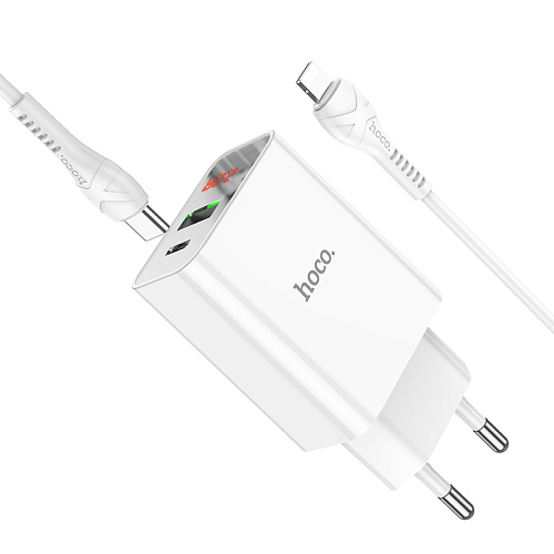 Сетевое зарядное устройство, 1 PD 20W + 1 USB 3.0 QC (C100A), HOCO, Type-C to Lightning, белый