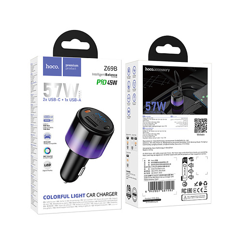 Автомобильное зарядное устройство, 1 USB QC3.0 12W, 2 PD 45W (Z69B), HOCO, с дисплеем, черный с синим