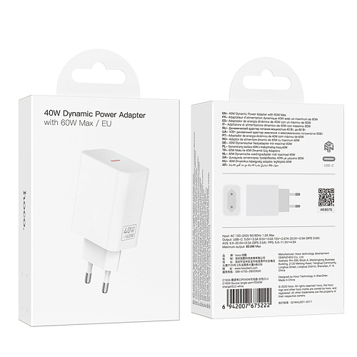 Сетевое зарядное устройство, 1 PD 40W (C162A), HOCO, цвет белый