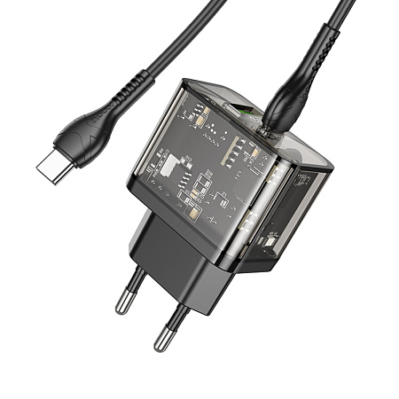 Сетевое зарядное устройство, 1 PD 20W + 1 USB 3.0 QC (N34), HOCO, Type-C to Type-C, прозрачный черный