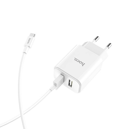 Сетевое зарядное устройство, 2 USB 2.1A (C62A), HOCO, Type-C, Умная зарядка, белый