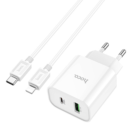 Сетевое зарядное устройство, 1 PD 20W + 1 USB 3.0 QC (C80A Plus), HOCO, Type-C to Lightning, белый