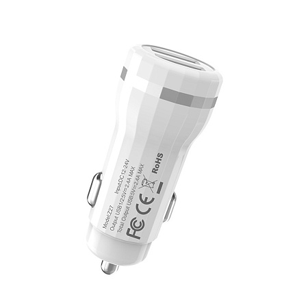 Автомобильное зарядное устройство, 2 USB 2.4A (Z27), HOCO, белый