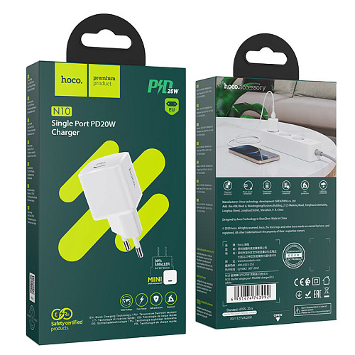 Сетевое зарядное устройство, 1 PD 20W + 1 USB 3.0 QC (N10), HOCO, Умная зарядка, белый