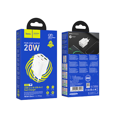 Сетевое зарядное устройство, 2 PD 20W + 2 USB 3.0 QC (N55), HOCO, белый