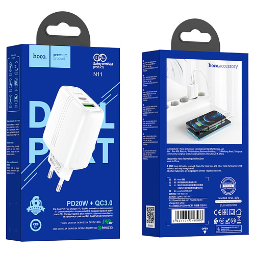Сетевое зарядное устройство, 1 PD 20W + 1 USB 3.0 QC (N11), HOCO, Безопасный сертификат, белая